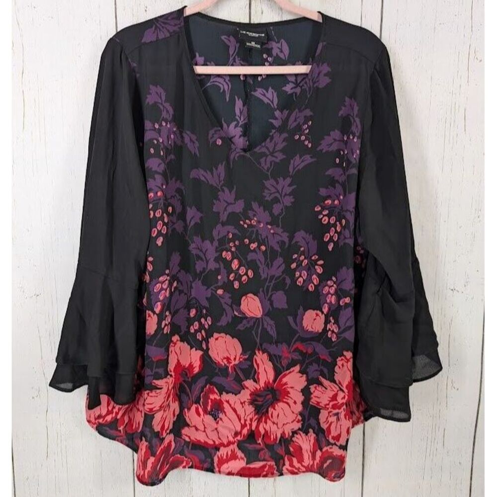 Liz Claiborne Size 0X Black Purple Floral V Neck Flutter Sleeve Womens Blouse